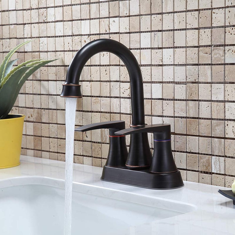 VALISY Lead-Free 2-Handle Oil Rubbed Bronze Bathroom Sink Faucet, 360Â° Swivel High-Arc Spout 4 Inch Centerset Bath Lavatory Vanity Faucets Set for Bathroom Sinks with Drain & Water Hoses, VABM80008H - Image 3